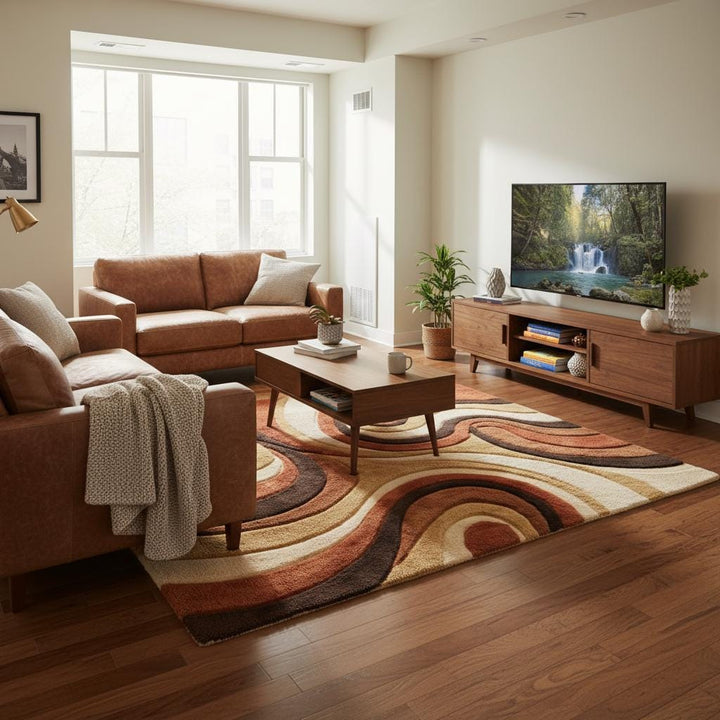Translation missing: en.Mid century shag rug with abstract swirl pattern in warm earth tones, retro style carpet for cozy living rooms