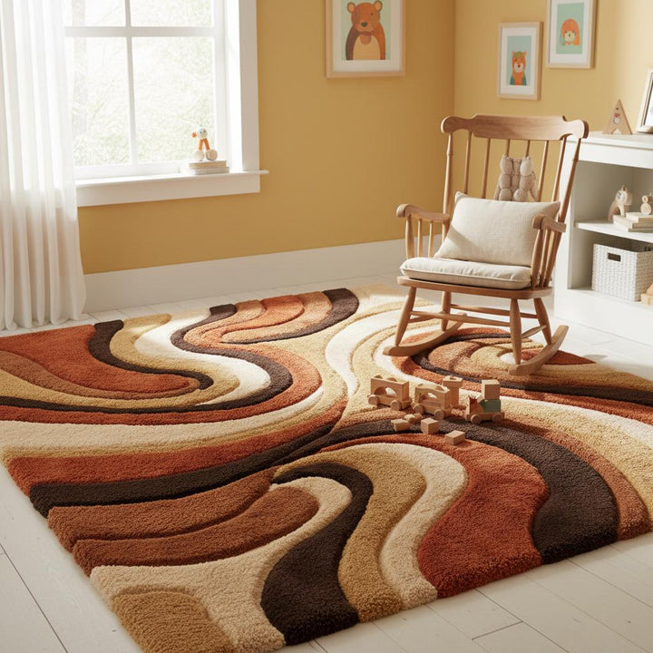 Translation missing: en.Soft shag rug styled in a nursery space, showing plush texture, warm earth tones, and abstract design that adds comfort, warmth, and a calming retro feel to a family-friendly room