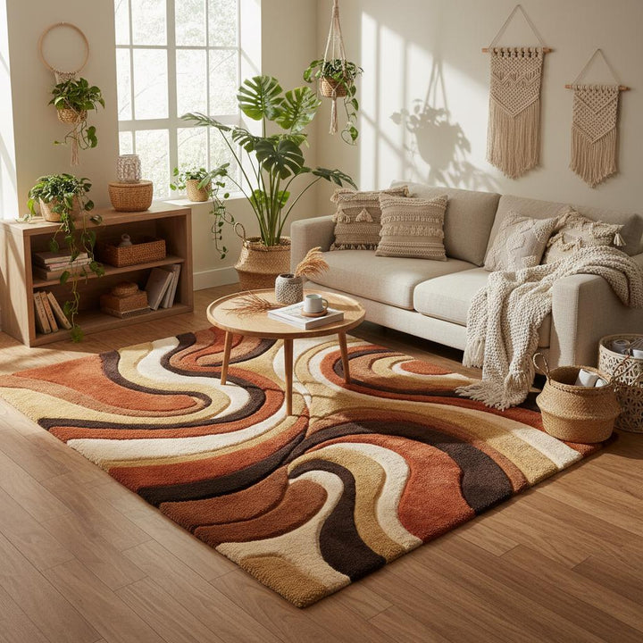 Translation missing: en.Retro shag area rug styled in a cozy living room, paired with mid century furniture, warm wood tones, and soft lighting to show how the rug anchors the space and adds visual warmth