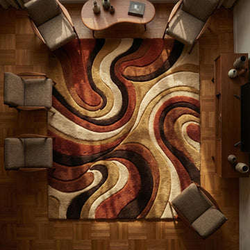 Translation missing: en.Mid century shag rug with abstract 1970s swirl pattern in warm earth tones