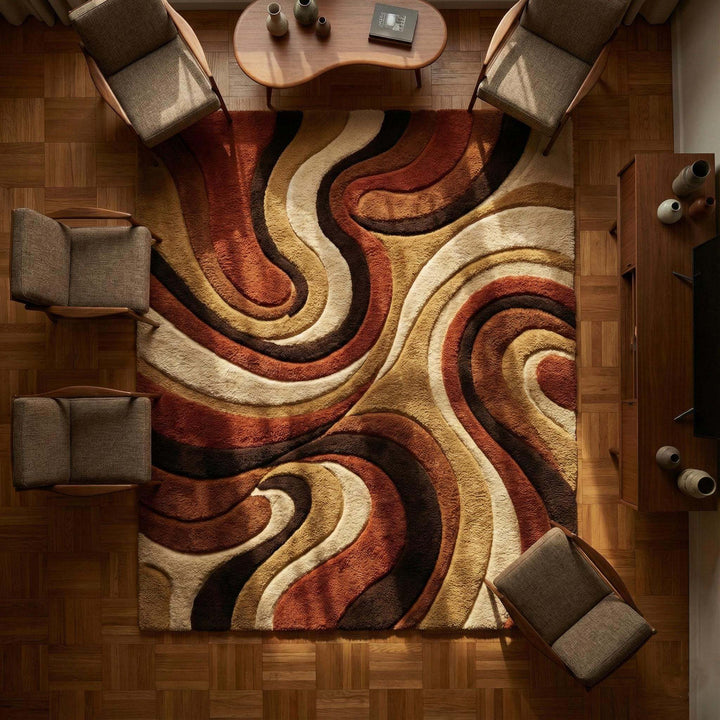 Translation missing: en.Mid Century Shag Rug with retro abstract swirl design in earth tones, soft high pile, rectangular shape for cozy vintage modern decor