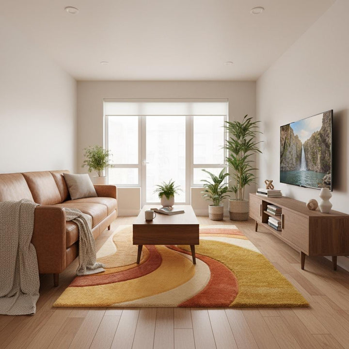 Translation missing: en.Detail view of rug edge and pattern showing smooth curves, finished borders, and thick tufted pile highlighting quality and modern abstract design