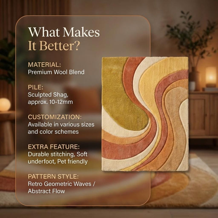Translation missing: en.Boho area rug with mid century earth tone wave pattern and plush tufted texture