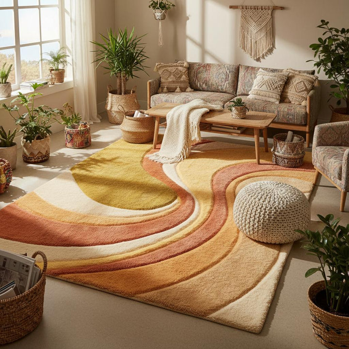 Translation missing: en.Modern living room styled with an abstract boho rug featuring organic wave patterns, cozy tufted texture, and warm colors that complement minimalist furniture