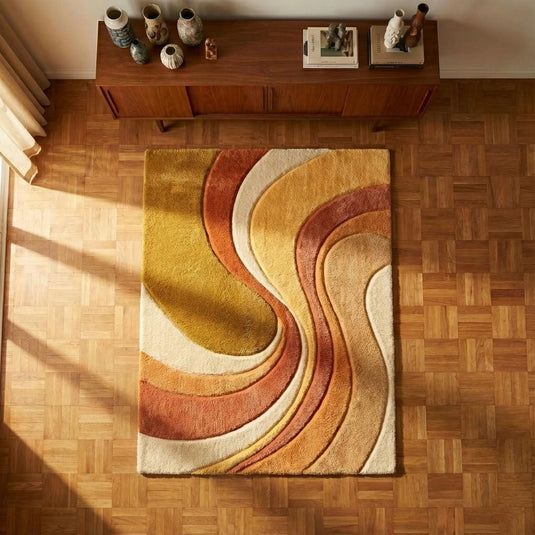 Translation missing: es.Boho area rug with plush tufted texture and earth tone wave pattern in mid century modern style