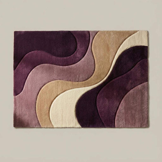 Translation missing: en.Top-down view of modern abstract area rug displaying full wavy pattern layout, curved shapes, and balanced color blocking across the entire rug surface