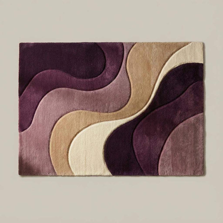 Translation missing: en.Top-down view of modern abstract area rug displaying full wavy pattern layout, curved shapes, and balanced color blocking across the entire rug surface