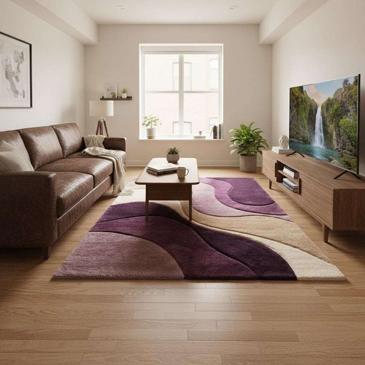 Translation missing: en.Detailed view of rug edge and pattern showing clean finished borders, curved abstract lines, and soft pile thickness for a premium modern rug appearance
