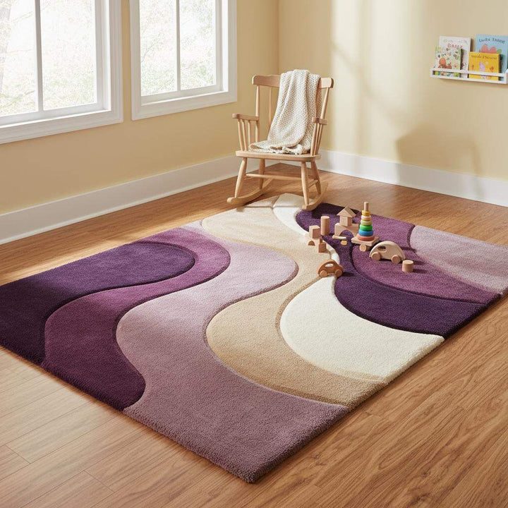 Translation missing: en.Soft abstract area rug styled in a nursery space, emphasizing plush comfort, calming neutral colors, and family-friendly softness suitable for kids’ rooms