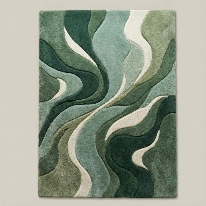 Translation missing: en.Top-down view of modern green abstract area rug displaying flowing wave design, layered green tones, and soft ivory accents