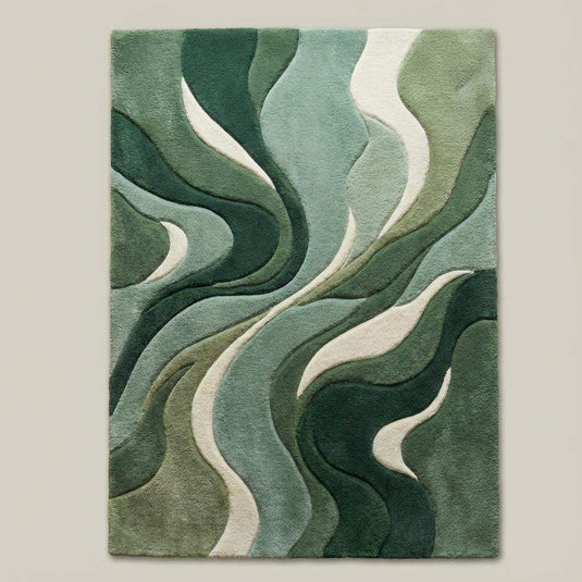 Translation missing: es.Top-down view of modern green abstract area rug displaying flowing wave design, layered green tones, and soft ivory accents