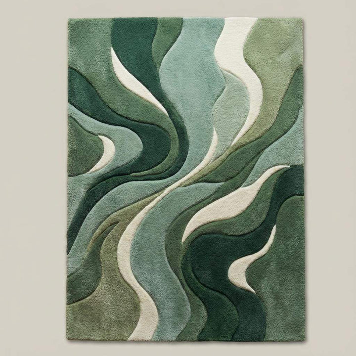 Translation missing: es.Top-down view of modern green abstract area rug displaying flowing wave design, layered green tones, and soft ivory accents