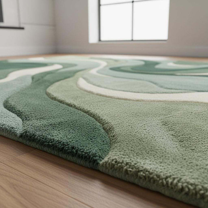 Translation missing: es.Abstract green area rug with modern sculpted wave pattern and plush tufted texture