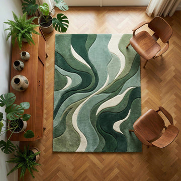 Translation missing: en.Modern green area rug with abstract sculpted wave design and plush tufted pile for minimalist decor