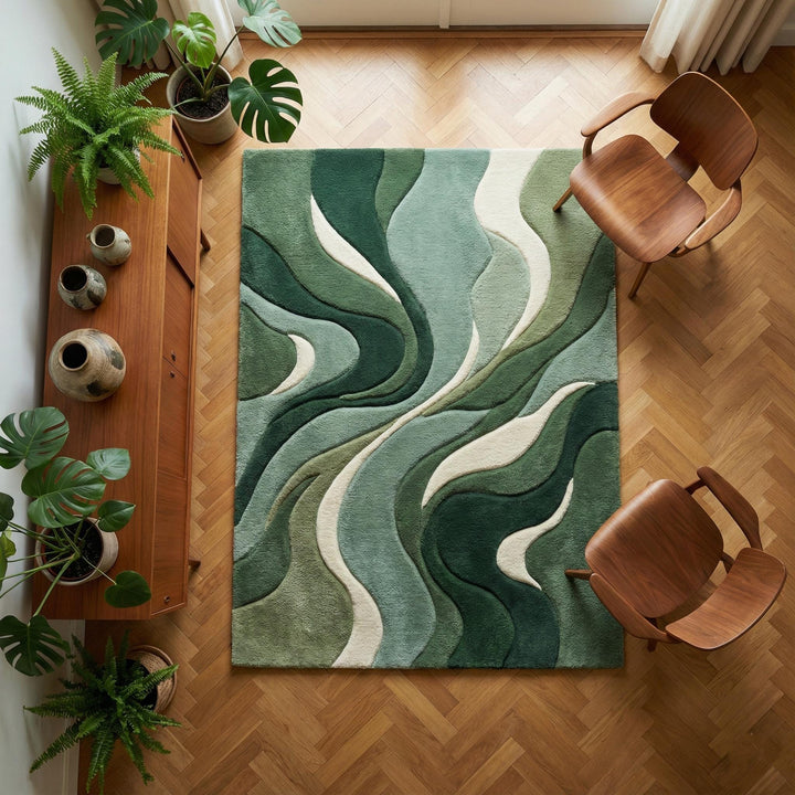 Translation missing: es.Abstract green area rug with sculpted organic wave pattern and plush tufted pile in sage forest tones for modern minimalist décor