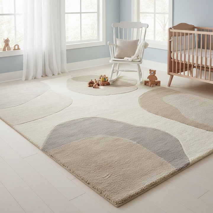 Translation missing: es.Abstract neutral area rug with organic shape and beige cream tones for modern living room decor