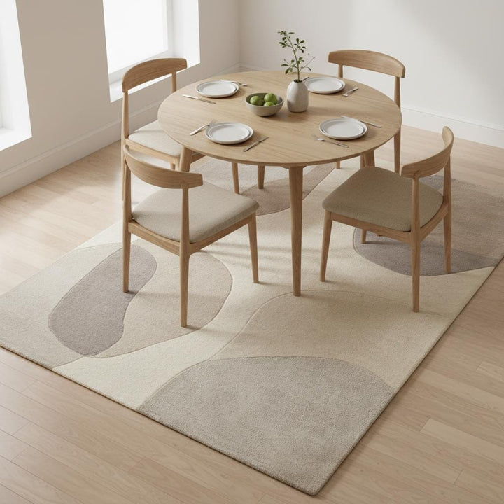 Translation missing: es.Neutral abstract area rug styled in a nursery space, highlighting its soft texture, calming beige tones, and family-friendly design perfect for a peaceful kids’ room