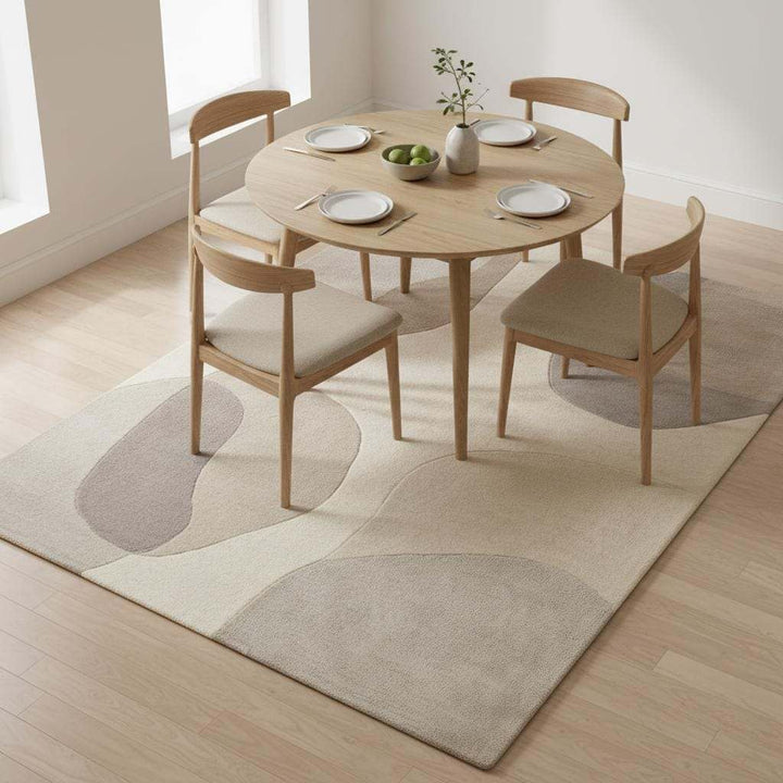Translation missing: es.Neutral abstract area rug styled in a nursery space, highlighting its soft texture, calming beige tones, and family-friendly design perfect for a peaceful kids’ room