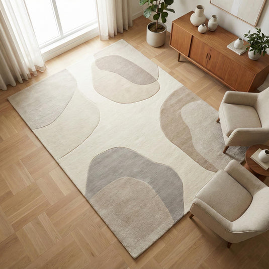 Translation missing: es.Abstract neutral area rug with beige cream tones and organic shape for modern living room decor