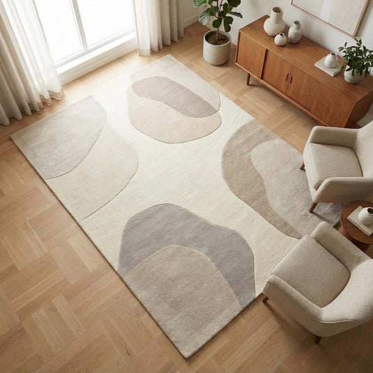 Translation missing: es.Neutral area rug in beige cream with organic shape for modern living room and nursery decor