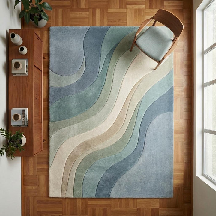 Translation missing: es.Modern abstract rug with blue green wave pattern and soft plush texture for living room