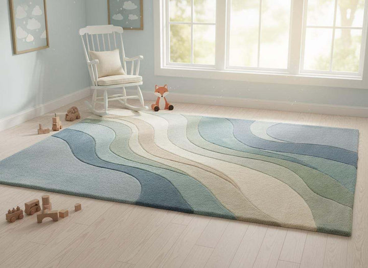 Translation missing: es.Soft abstract nursery rug with calming blue green wave design, ideal for baby room décor, cozy floor play, and soothing interior style