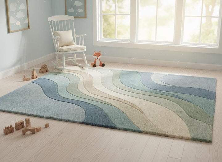 Translation missing: es.Soft abstract nursery rug with calming blue green wave design, ideal for baby room décor, cozy floor play, and soothing interior style