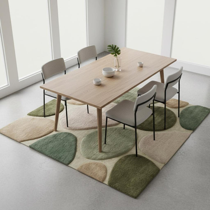 Translation missing: en.Organic modern area rug with green neutral pebble pattern and plush cushioned pile for cozy Japandi decor