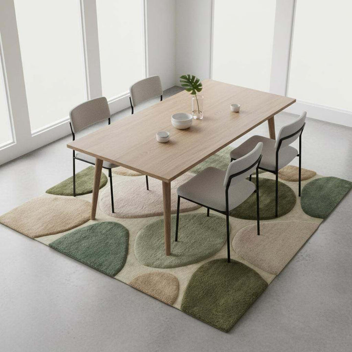Translation missing: es.Organic modern area rug with sculpted pebble pattern and green neutral tones for cozy, eco-friendly nursery and living room decor