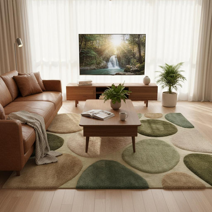Translation missing: en.Green neutral organic modern area rug with plush cushioned pile and pebble pattern design
