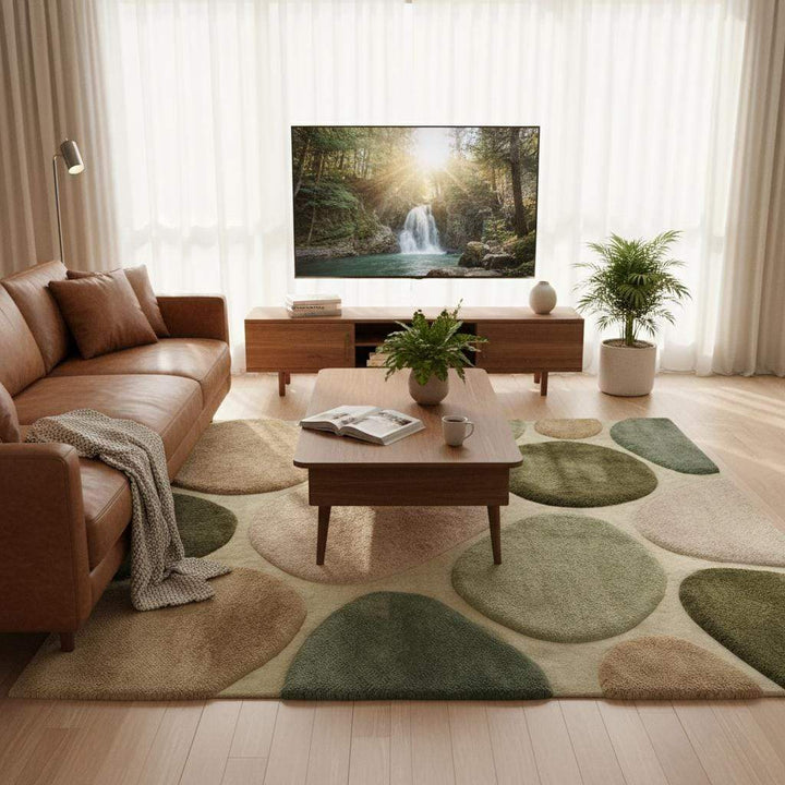 Translation missing: es.Organic modern area rug with sculpted pebble pattern and green neutral tones for nursery and living room decor