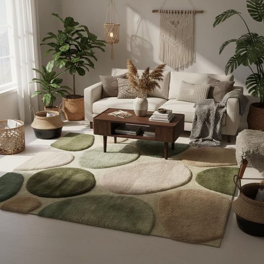 Translation missing: en.Modern living room styled with a green neutral area rug featuring an organic pebble design, creating a warm, minimalist, nature-inspired interior