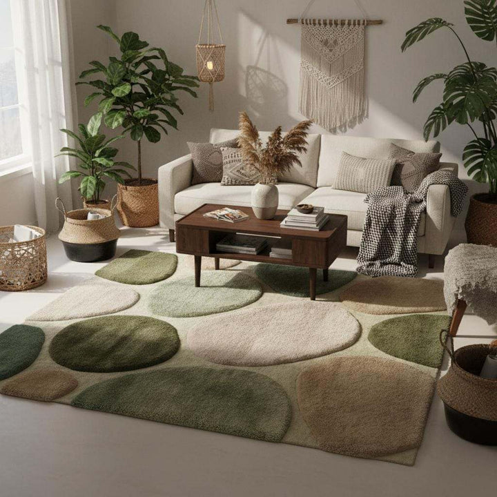 Translation missing: es.Modern living room styled with a green neutral area rug featuring an organic pebble design, creating a warm, minimalist, nature-inspired interior