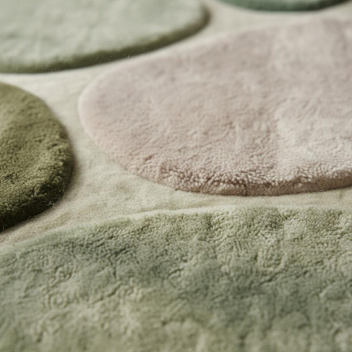 Translation missing: en.Organic modern area rug in green neutral tones with plush cushioned pile and sculpted pebble pattern for cozy Japandi home decor