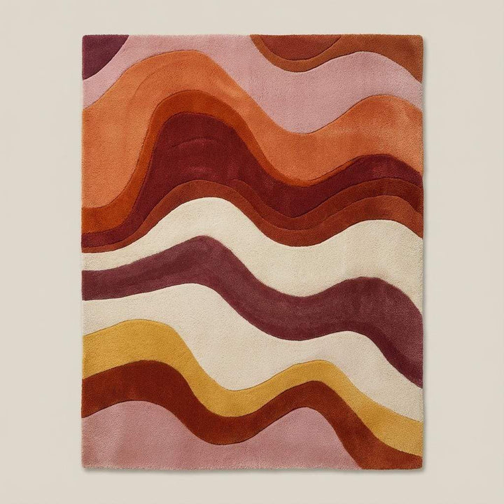 Translation missing: es.Colorful abstract wave rug with groovy curved lines adding a retro feel to a cozy sunlit living room décor