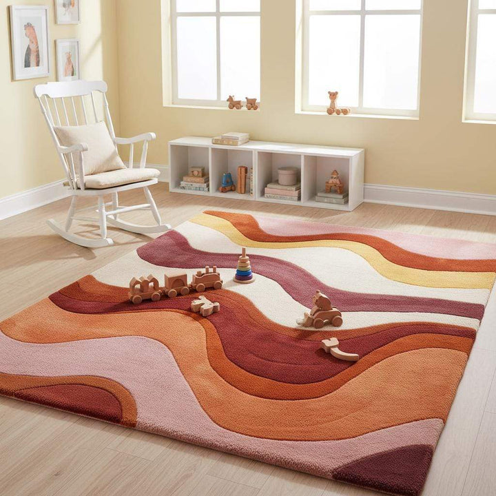 Translation missing: es.Statement retro wavy rug adding bold color and texture to a boho-inspired living space with natural light