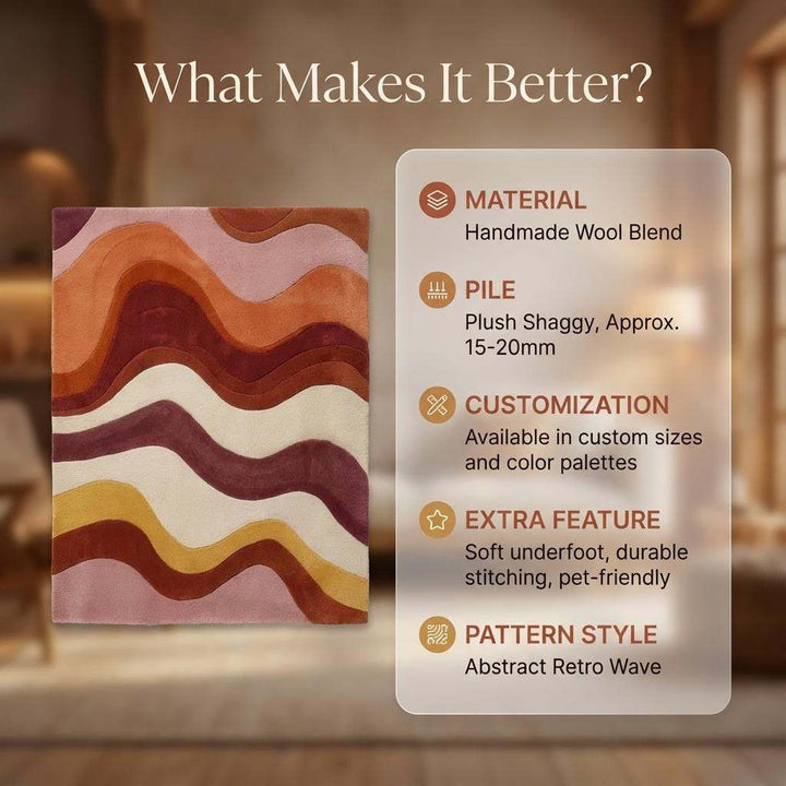 Translation missing: es.Retro wavy area rug with colorful 70s wave pattern in soft tufted wool for mid century modern decor
