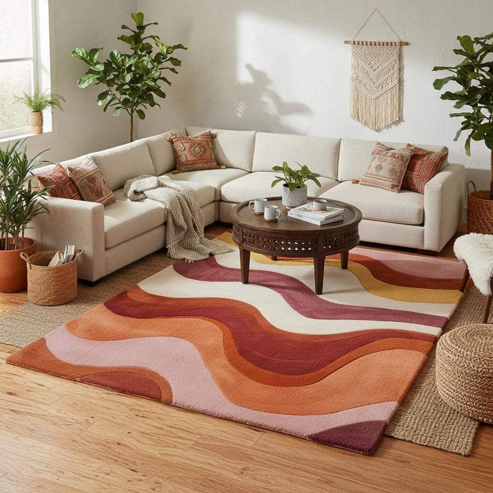 Translation missing: es.Tufted wool area rug featuring bright orange and pink wavy patterns styled in a vintage-inspired home interior