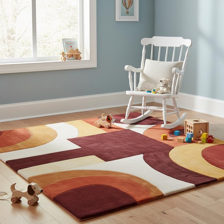 Translation missing: en.Mid century modern rug with geometric terracotta and mustard tones in living room