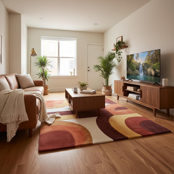 Translation missing: en.Mid century modern rug with geometric terracotta and mustard tones for cozy retro home décor