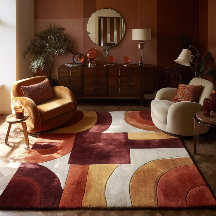 Translation missing: en.Mid century modern rug with geometric terracotta and mustard tones for cozy retro décor