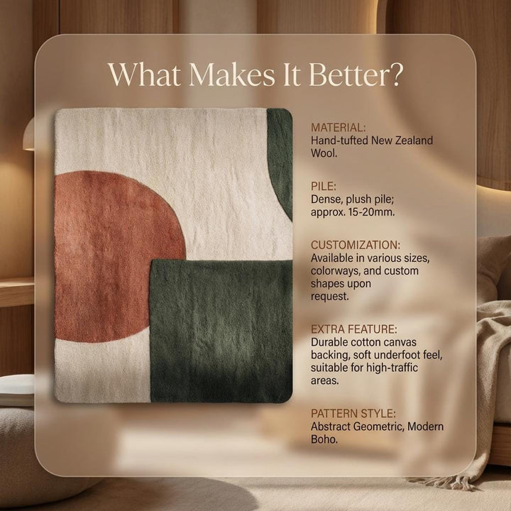 Translation missing: en.Modern geometric rug in terracotta, green, and cream tones with soft tufted wool texture for modern and boho interiors