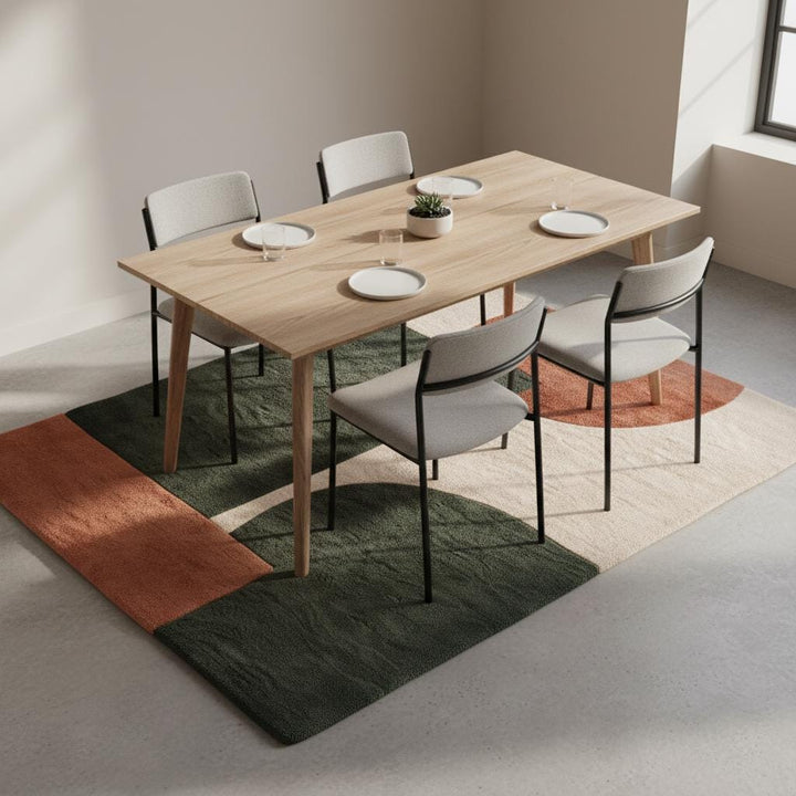 Translation missing: en.Modern geometric wool rug with earthy terracotta, green, and cream tones, soft tufted texture, and durable fade-resistant design
