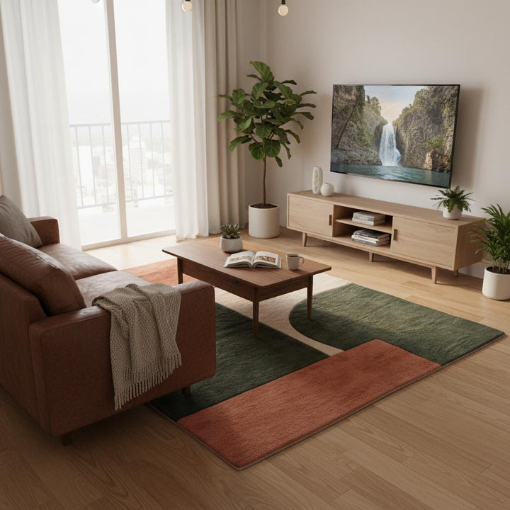 Translation missing: en.Stylish geometric carpet used as a statement piece in a modern living space with natural light and indoor greenery