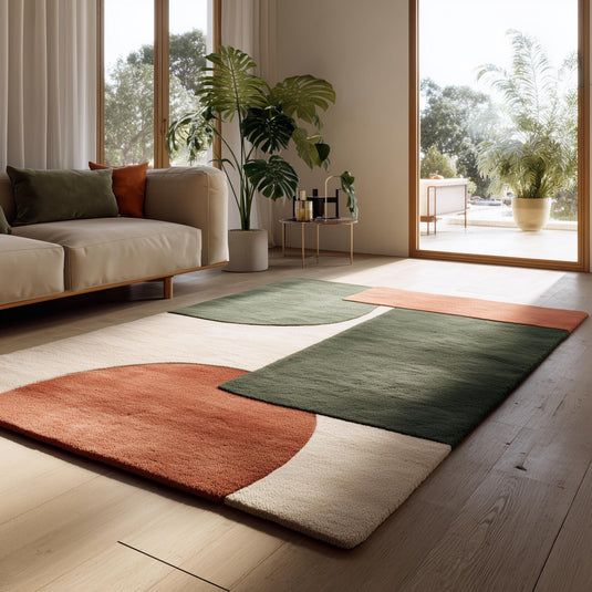 Translation missing: en.Modern geometric wool rug with earthy terracotta, green, and cream tones and plush tufted texture
