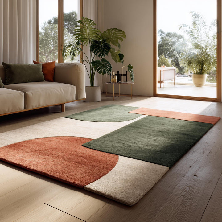 Translation missing: en.Modern geometric wool rug with earthy terracotta, green, and cream tones and plush tufted texture