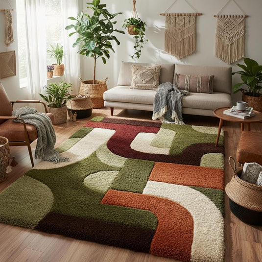Translation missing: es.Retro abstract high-pile rug with curved shapes and thick plush texture, styled under a neutral sofa in a warm mid-century inspired space