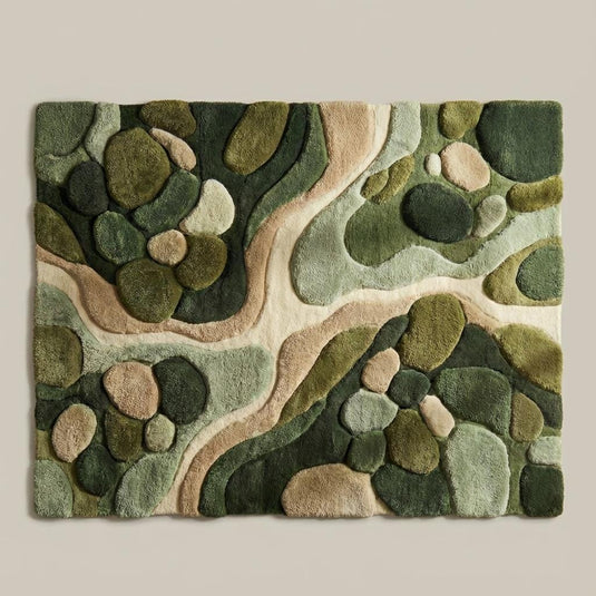Translation missing: es.Top-down view of abstract green area rug displaying full organic pattern, flowing lines, and earth tone color palette with textured pile design for modern and nature-inspired interiors