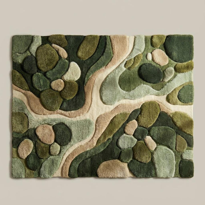 Translation missing: es.Top-down view of abstract green area rug displaying full organic pattern, flowing lines, and earth tone color palette with textured pile design for modern and nature-inspired interiors