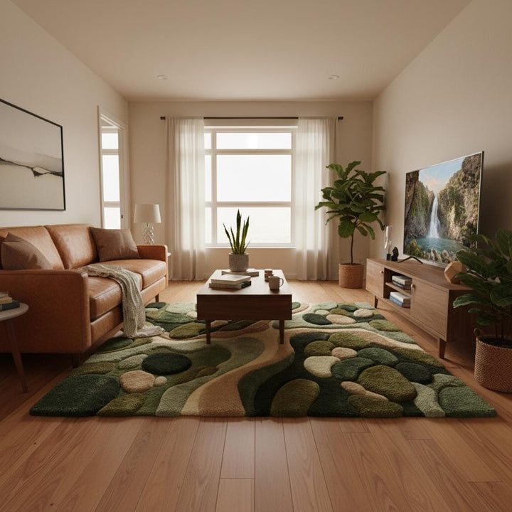 Translation missing: es.Detailed view of rug edge and sculpted pile height showing clean finishing, layered texture, and abstract design details that help visualize thickness, quality, and proportions